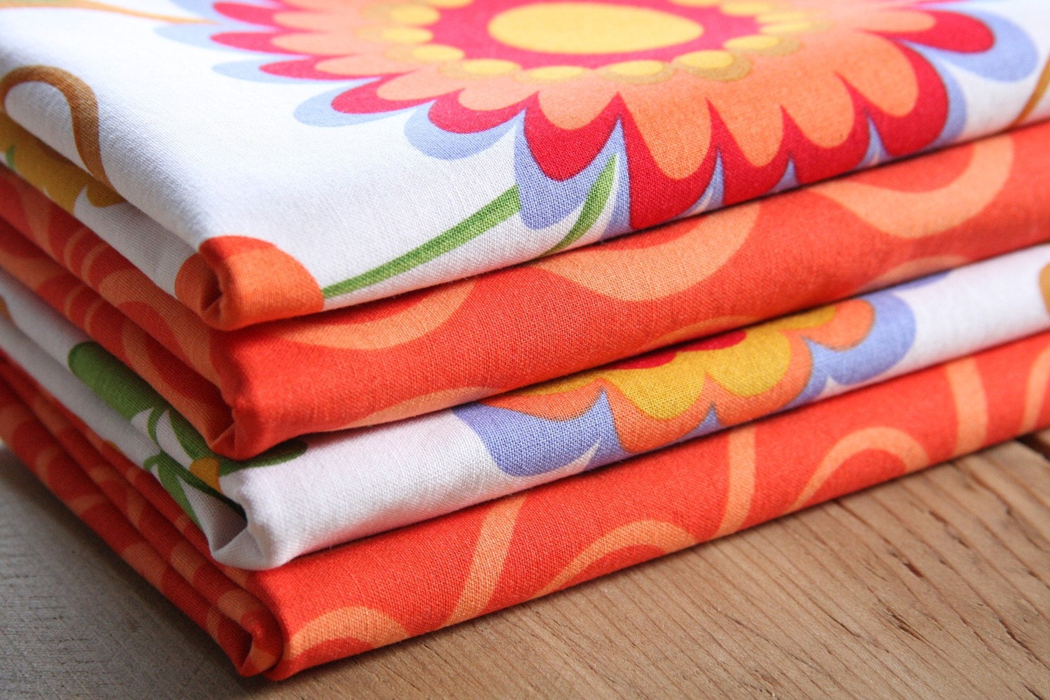 Cloth Napkins - LAST 2 SETS - Floral with Orange Squiggle - Set of 4 Reversible Cloth - Free US Shipping