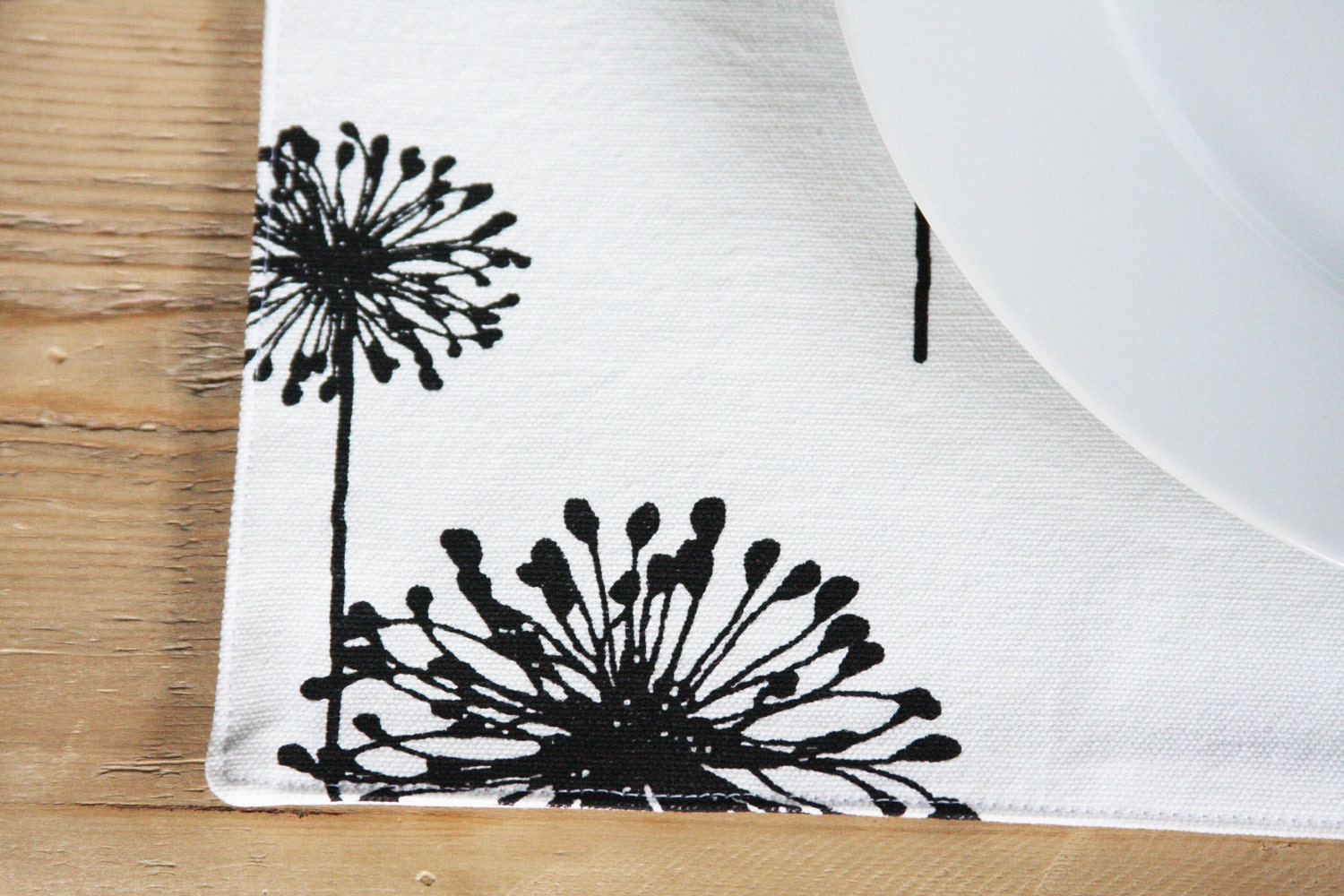 Placemats - AS SEEN in The Party Dress Magazine - Black Dandelions on White - Set of 4 - Free US Shipping