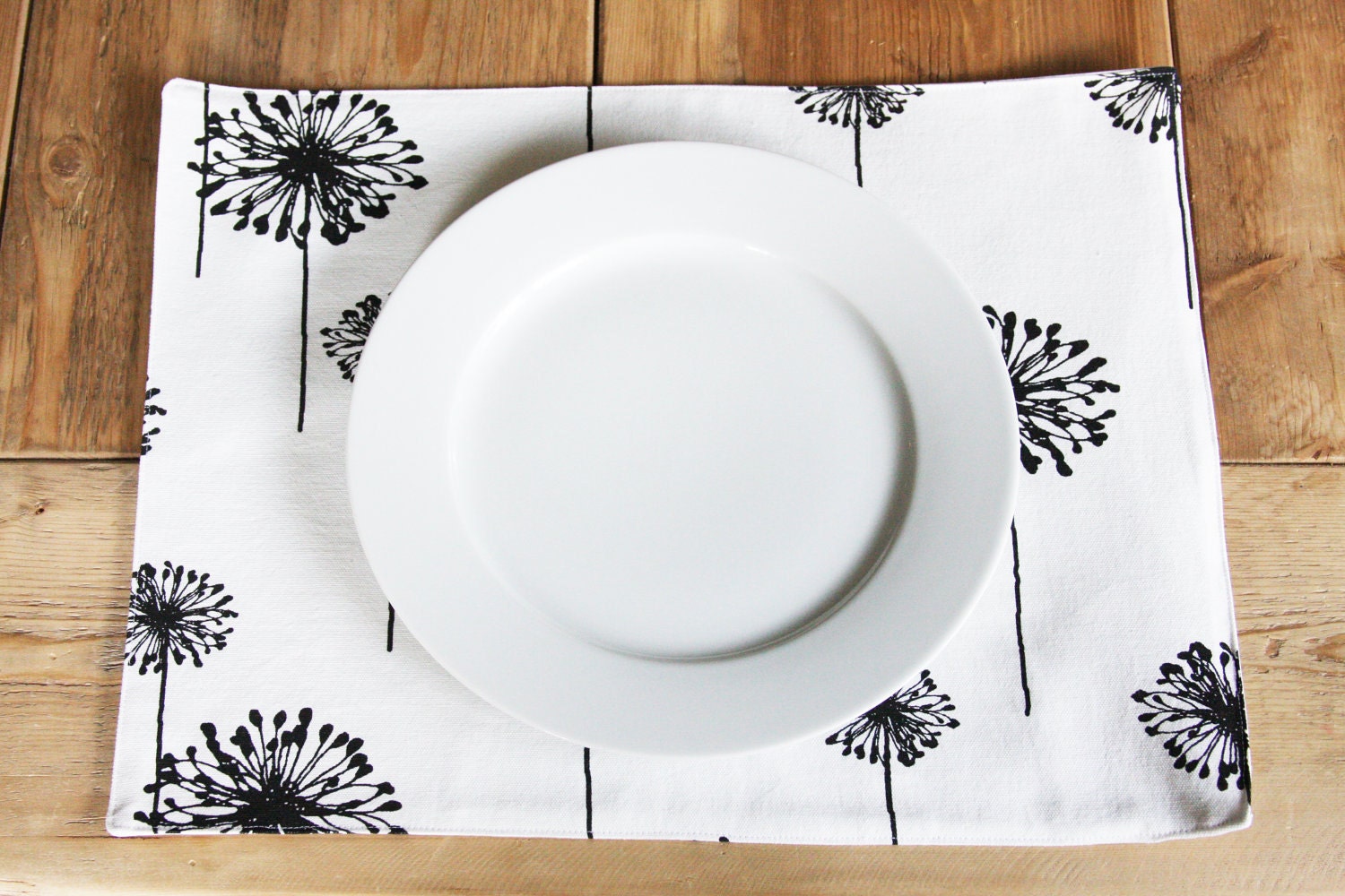 Placemats - AS SEEN in The Party Dress Magazine - Black Dandelions on White - Set of 4 - Free US Shipping