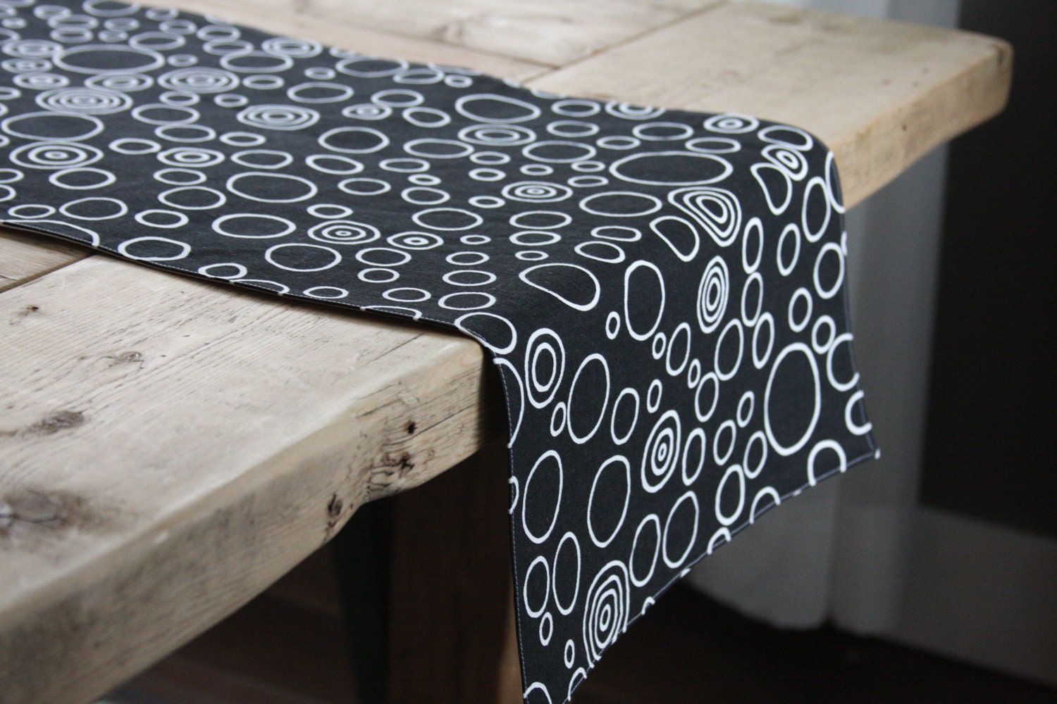 Fabric Table Runner - Black with White Circles - FREE US SHIPPING