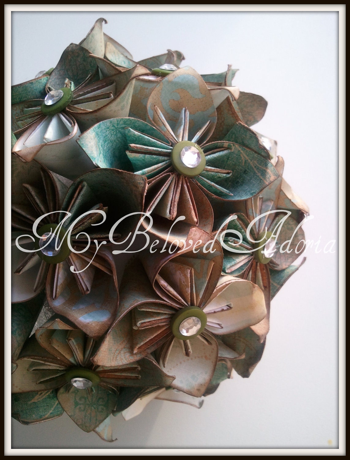 Mint, Sage, Ivory origami flower bridesmaid bouquet (white, teal, brown)