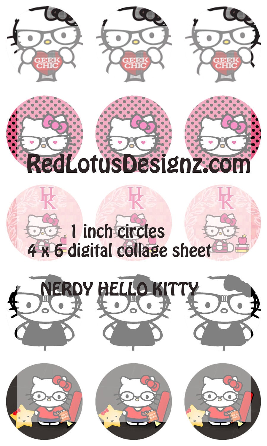 Nerdy Hello Kitty 1 inch Circles 4x6 Inch Digital Collage Sheet Scrapbooking