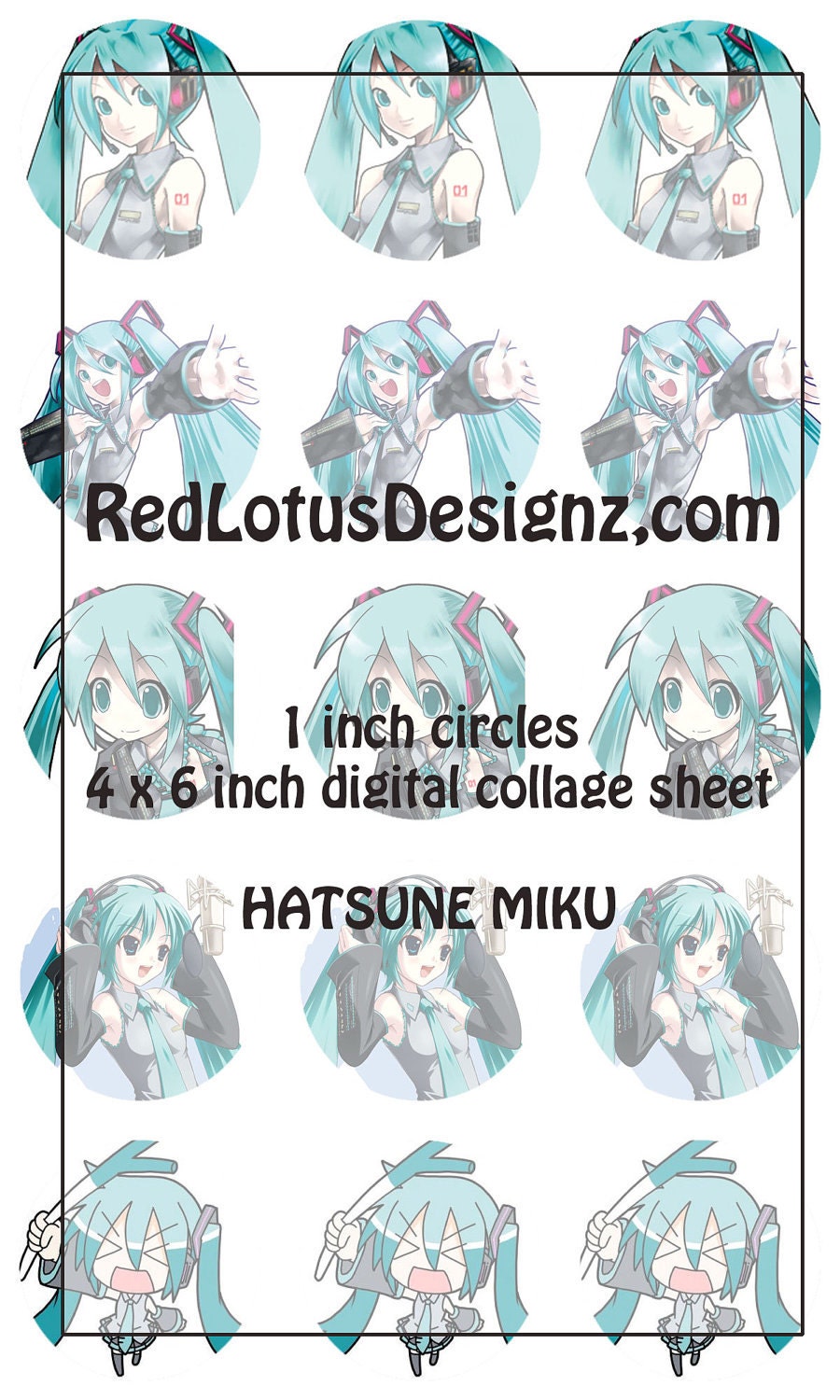 Hatsune Miku 1 inch Circles 4x6 Inch Digital Collage Sheet Scrapbooking