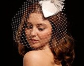 SPARKLING WHITE Bridal fascinator hand made silk base, original flower with rhinestone center russian veilling attached,BRIDAL headpiece,