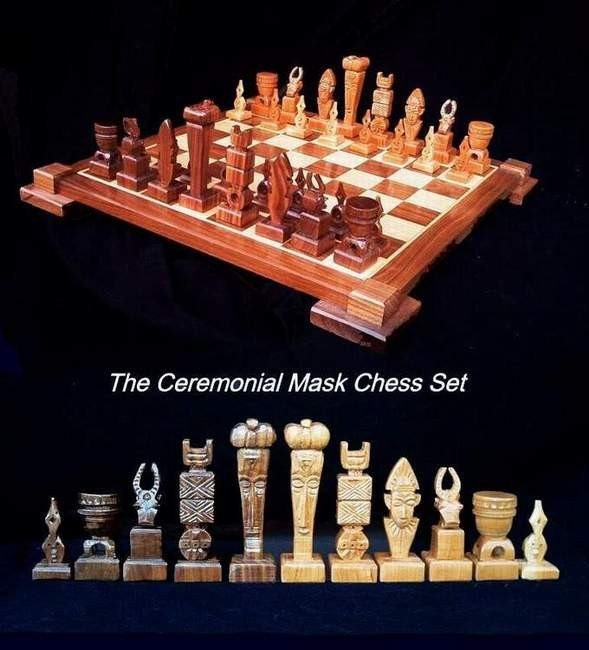 Ceremonial Mask Chess Set on etsy handmade  handcarved    custom themed wooden chess sets and wood chess table.