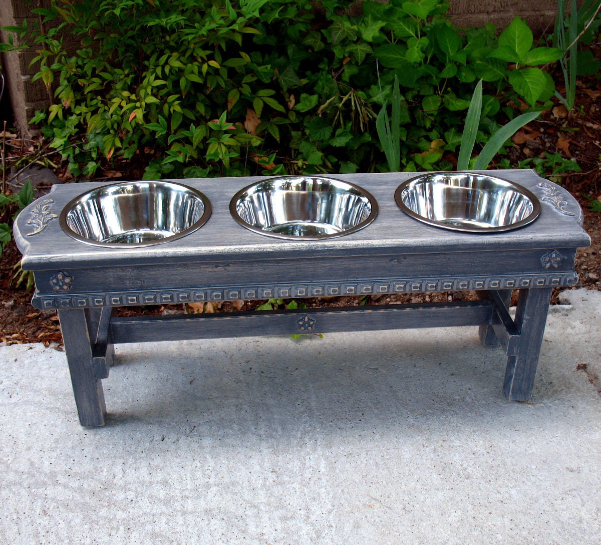 Antique Gray Distressed  Elevated Dog Bowl Pet Feeder For Large Dogs- Made To Order