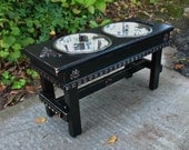 Elevated Dog Bowl Feeder For Large Dogs - Black with Dark Brown Highlights Shabby Chic Style Made To Order