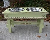 Raised Dog Bowl Pet Feeder Shabby Chic Lime Juice Green with Copper Underlay For Large Dogs with Paw Print Bowls Made to Order