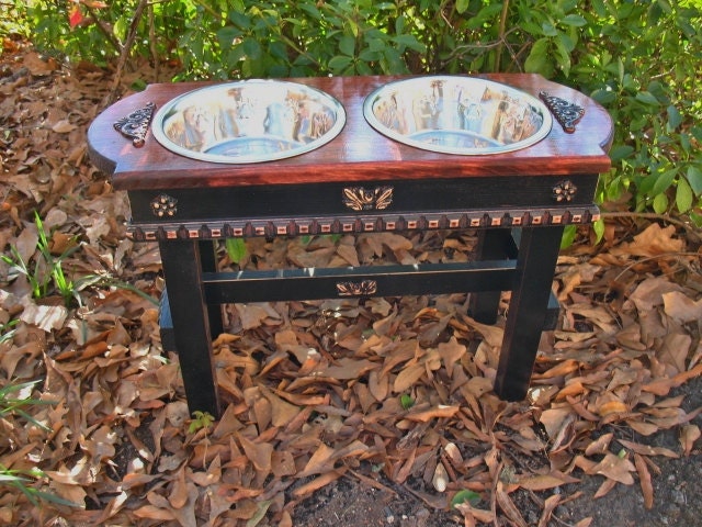 Elevated  Pet Feeder For Large Dogs - Two Tone, Stained Top and  Black Shabby Chic Two Paw Print Dog Bowls Made To Order
