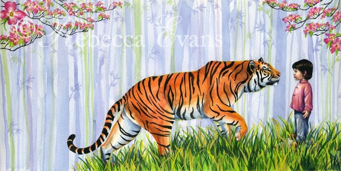 Tiger in the Bamboo - Art Print of Tiger and Child 13x19