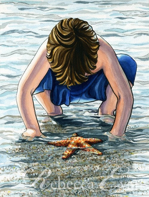 Treasure in the Sea - Art Print of Child and Starfish in Ocean 8.5x11