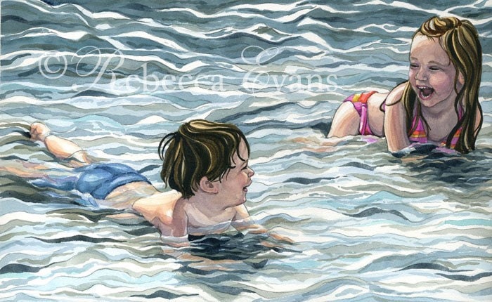 Best Friends -Art Print of Boy and Girl Playing in Ocean 13x19