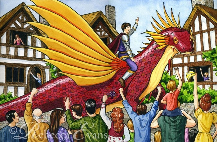 Illustration Art Print of Dragon and Knight in Celebration Parade 8.5x11