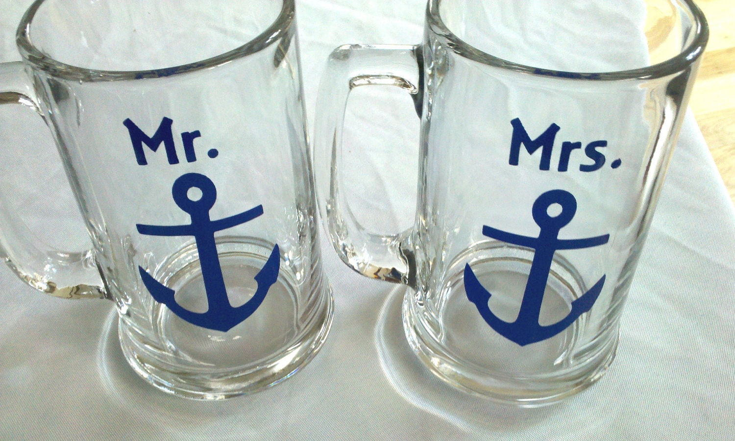 Mr. and Mrs. anchor mugs, 2 nautical themed beer mugs for bride and groom wedding, navy blue boat anchors on beer steins