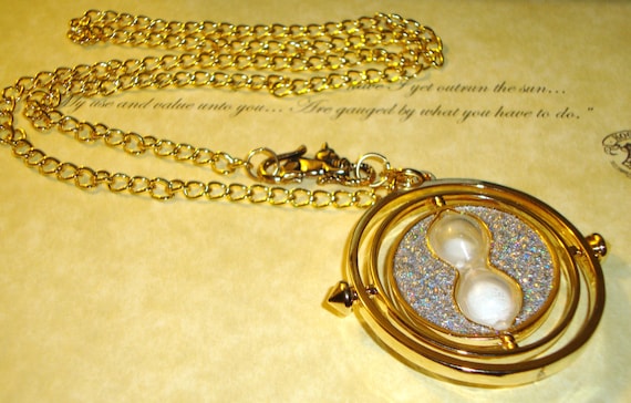 H-P Time Travel Turner Necklace, H-L, Crookshnk Cat, Personalised mini parchment Note (silver sparkly...)