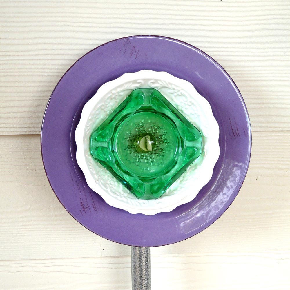 Garden art, plate flower, yard sculpture,  ceramic and glass flower, purple, white, green