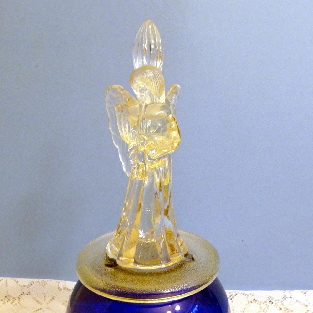 Tea light votive candle holder, angel, blue glass, battery votive candle