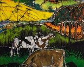 Cows Graze in Spring Green Field - batik print from original