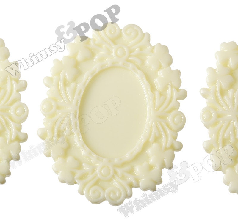 2 - Ivory Yellow Resin Floral Cameo Setting, Cabochon Setting, Blank, 41mm x 52 mm (fits 25mm  x 18mm Oval Cabochon) (R1-182)