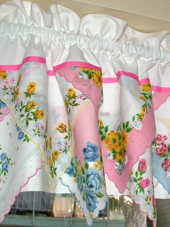 Valance Hankies on WHITE COTTON. Handmade Vintage look. Assorted  Handkerchiefs.