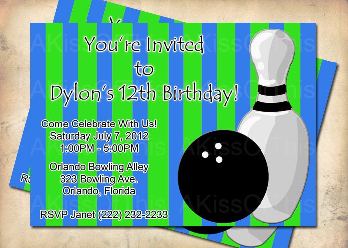 Bowling Birthday Party Invitation - Blue and Green Striped Invite - Custom Colors