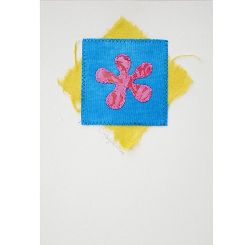 Blank Greeting Card, Flower, Pink, Turquoise, Yellow, Handmade