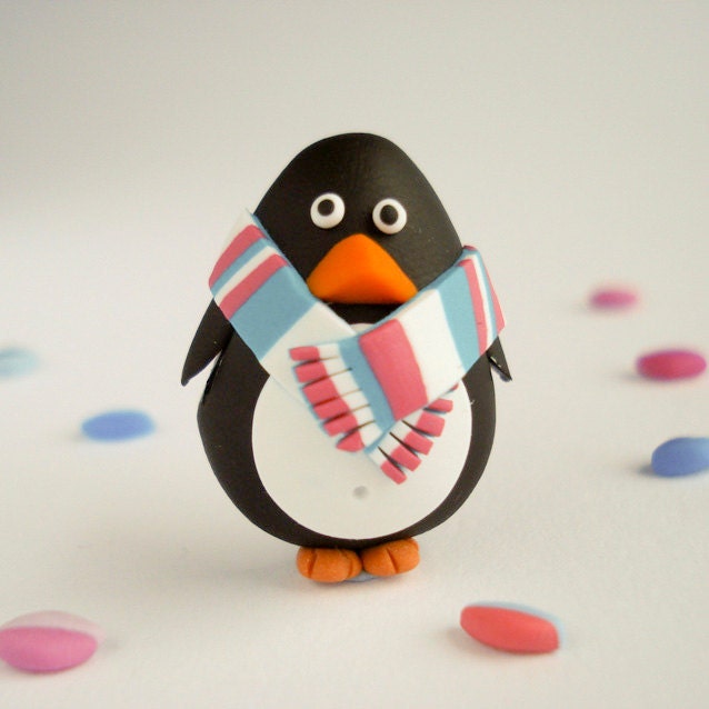 Winter Penguin Brooch, Fun winter Jewelry in Polymer Clay