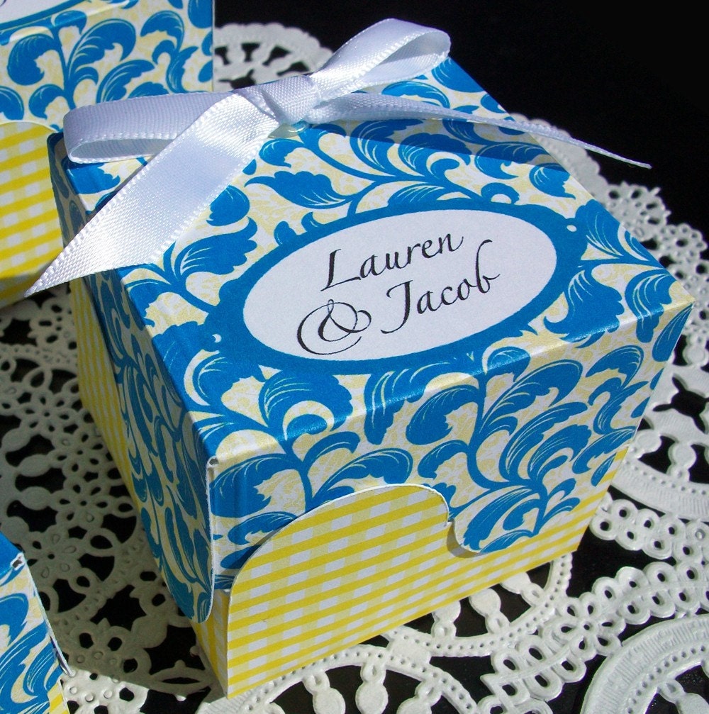 Personalized Blue Damask and Yellow Gingham Wedding or Party Favors