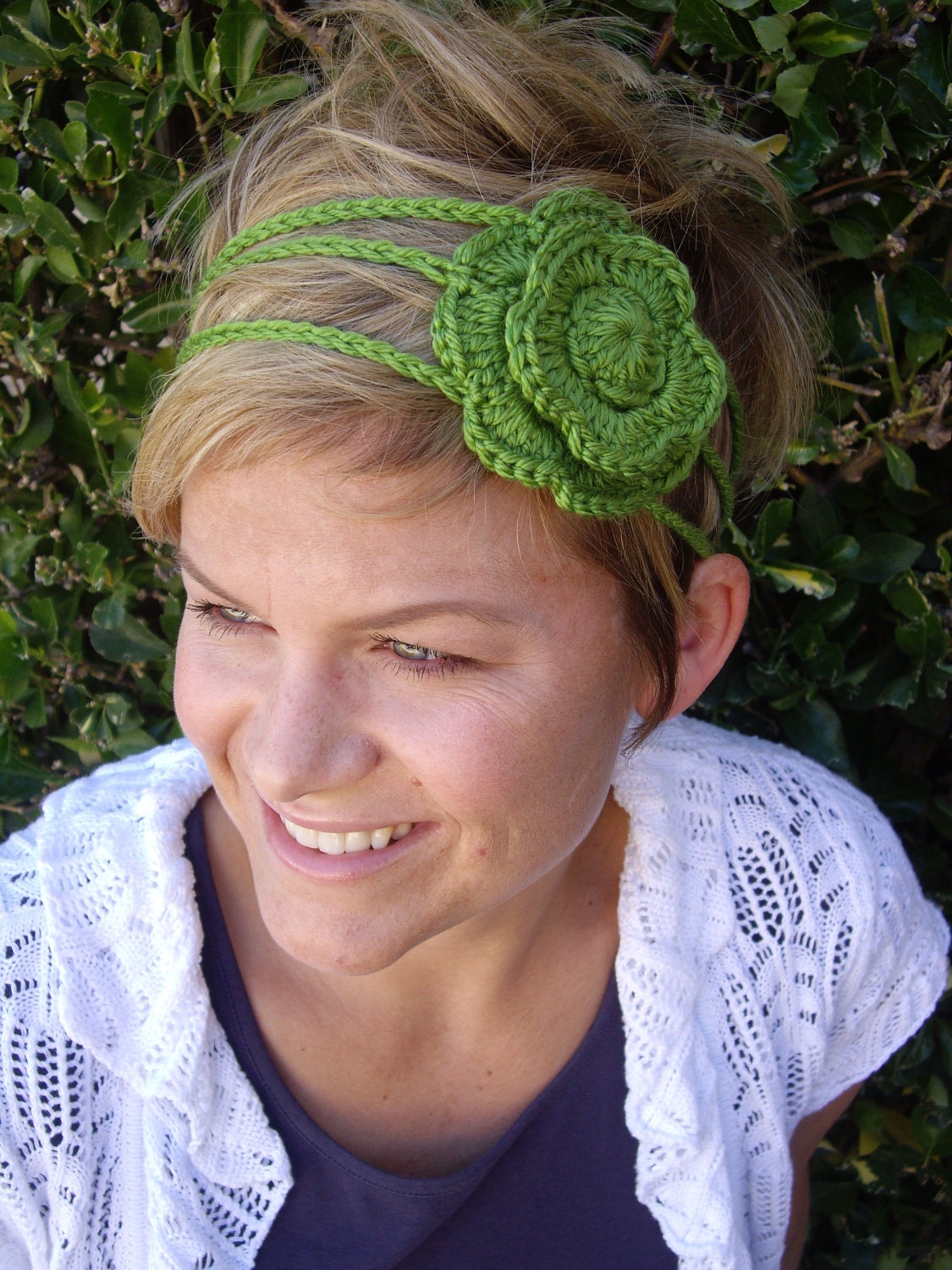 Green crocheted 3 strand flower headband