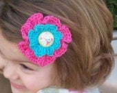 Teal/hot pink crocheted poppy OWL hair clip