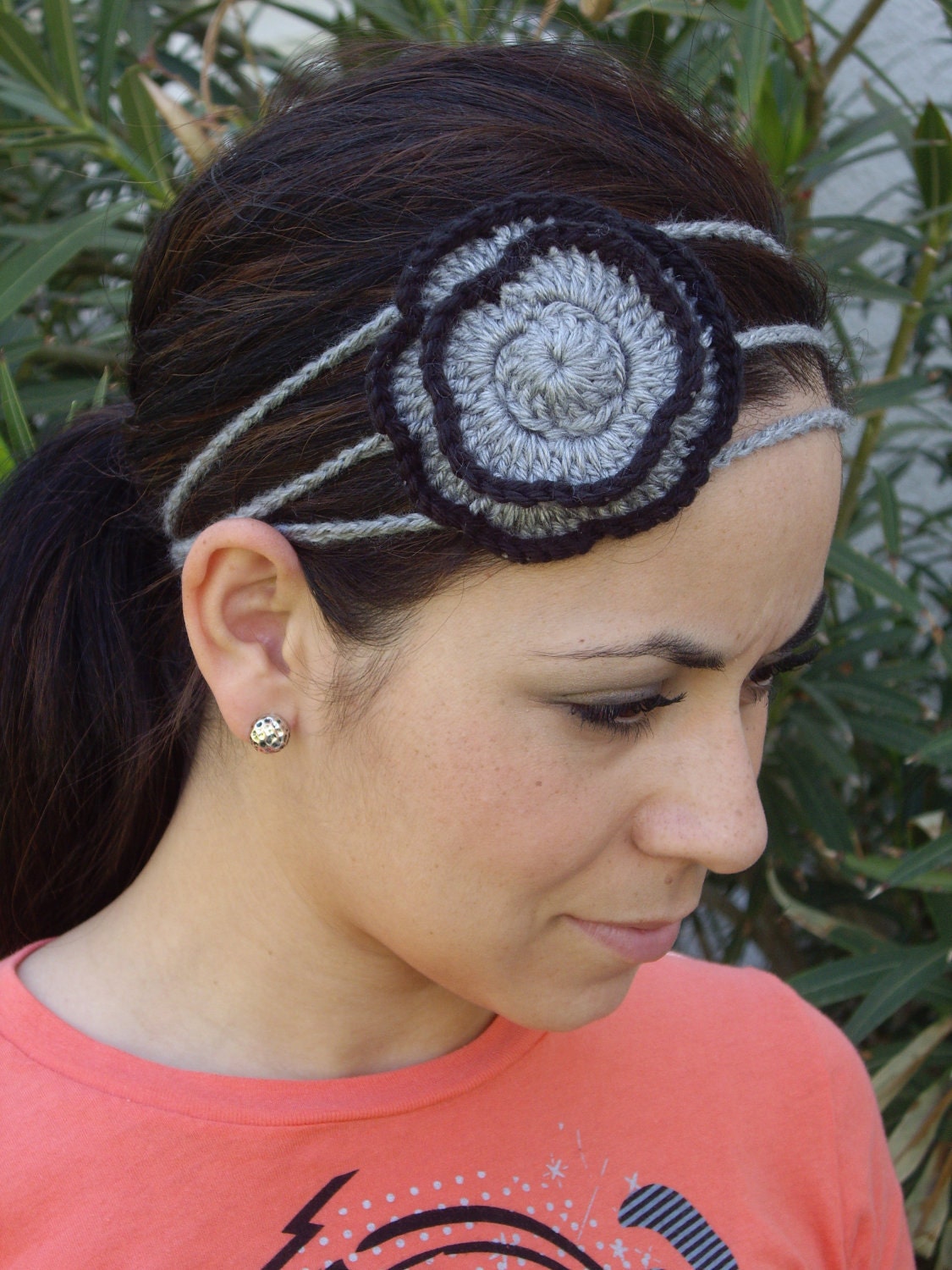 Gray and black crocheted flower 3 strand headband