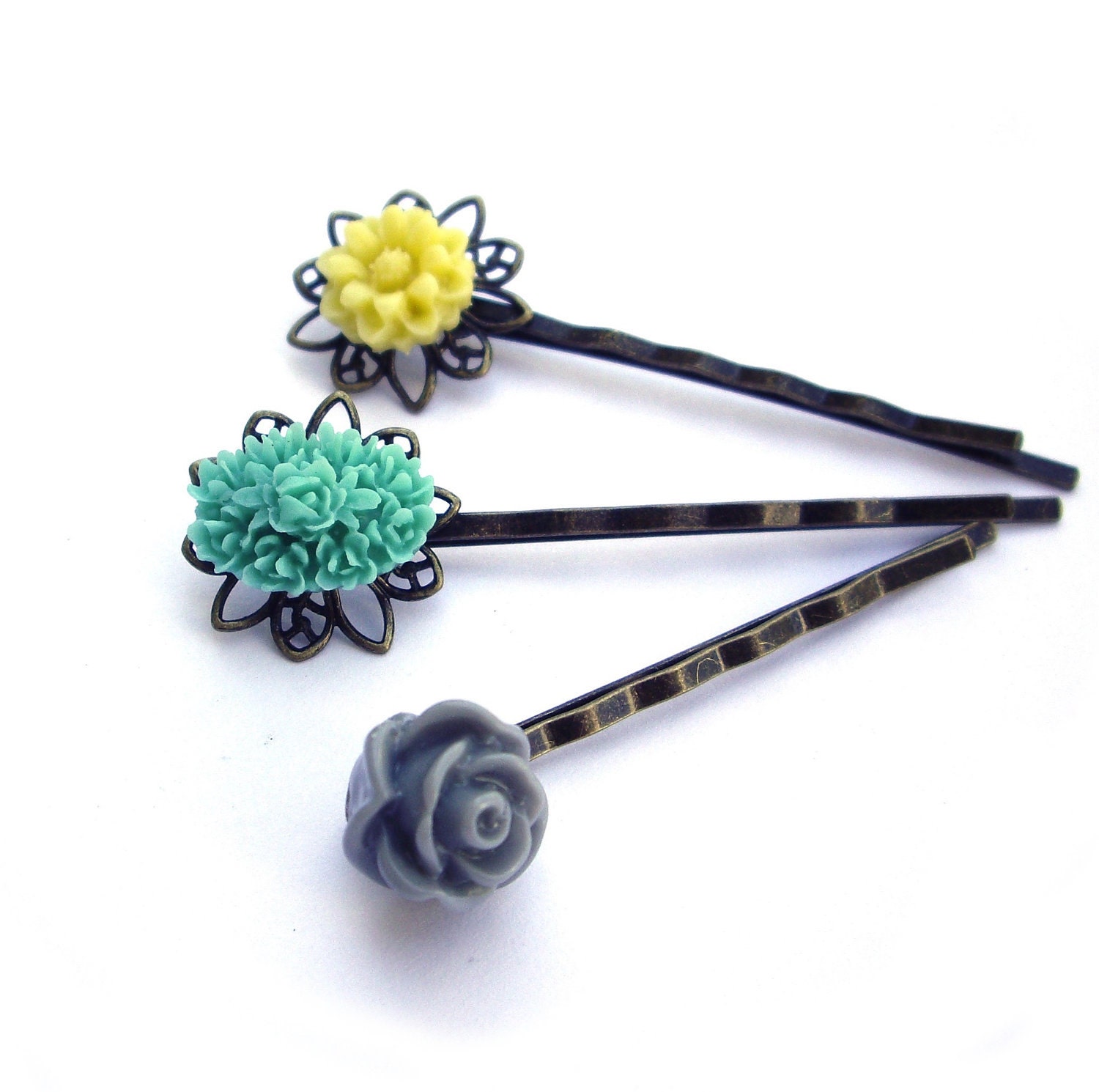 Flower Hair pins, yellow, teal, gray,  Set of 3 bobby pins, Hair accessory, Hairpins