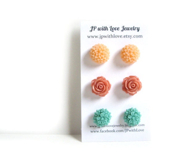 Stud earrings, Flower Stud earrings , peach earrings, teal earrings, - set of 3