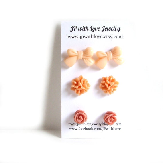 Tangerine Stud Earrings, Flower Stud Earrings, Peach, Orange, flower earrings, rose, studs, resin jewelry, set of 3, flower jewelry