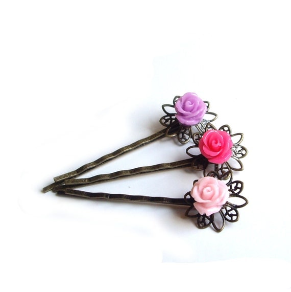 Hair pins , pink hair pins, Bridesmaid gift , Flower Hair pins, gift set, flower hairpins