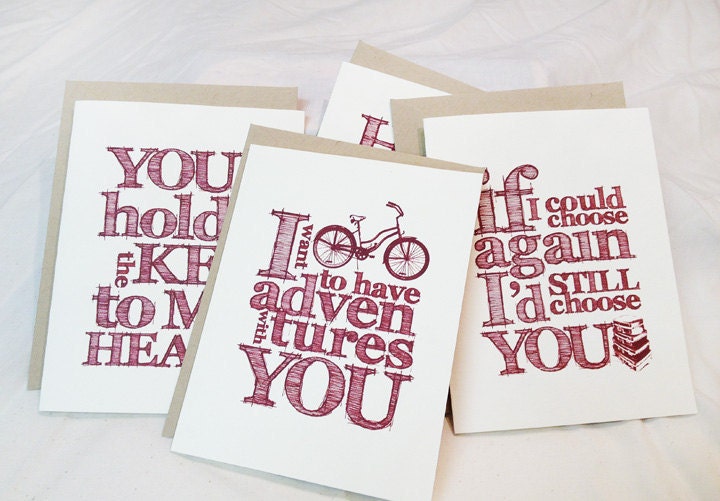 Valentines day card - choose one - I love you card - bicycle card - skeleton key - heart - vintage suitcases - typographic cards -