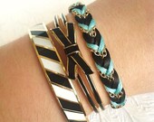 Aqua Mint & Soft Noir Leather - Chevron Braided Modern Friendship Bracelet - Gold Chain