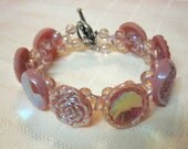 Pink Petals Vintage Glass Button Bracelet with Carnival Lustre
