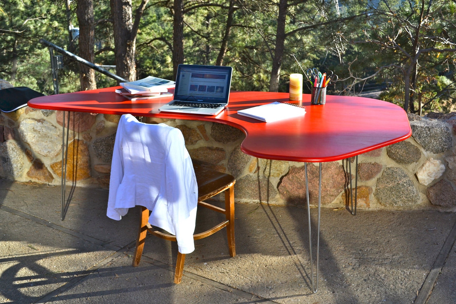 DESK: Red Mid-Century Modern Desk With Hairpin Legs