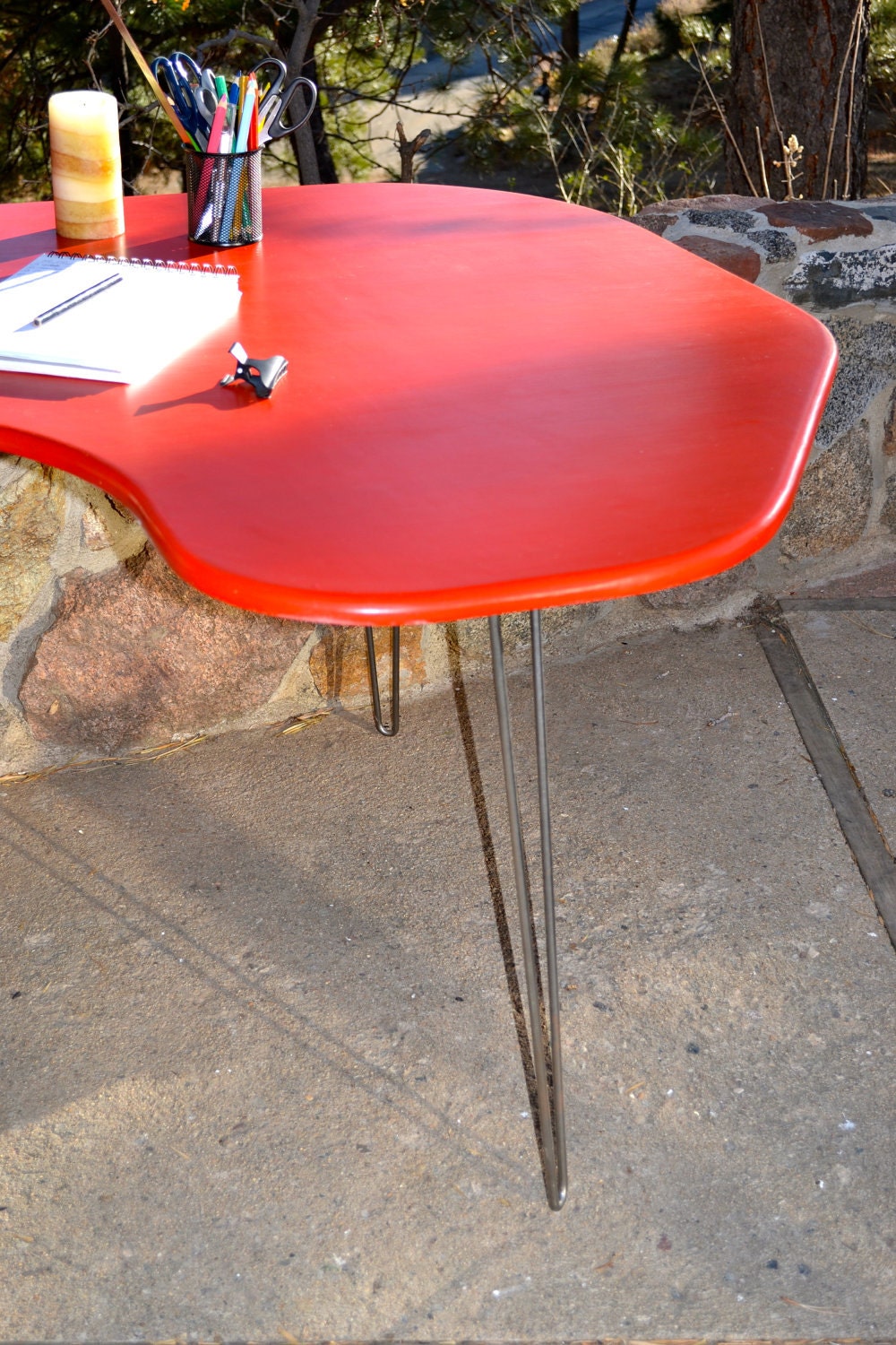 DESK: Red Mid-Century Modern Desk With Hairpin Legs