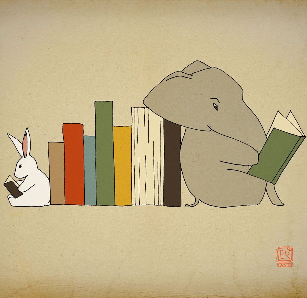 Elephant and bunny, illustration kids art print, cildren room decor, cool poster 12x16 nursery wall art