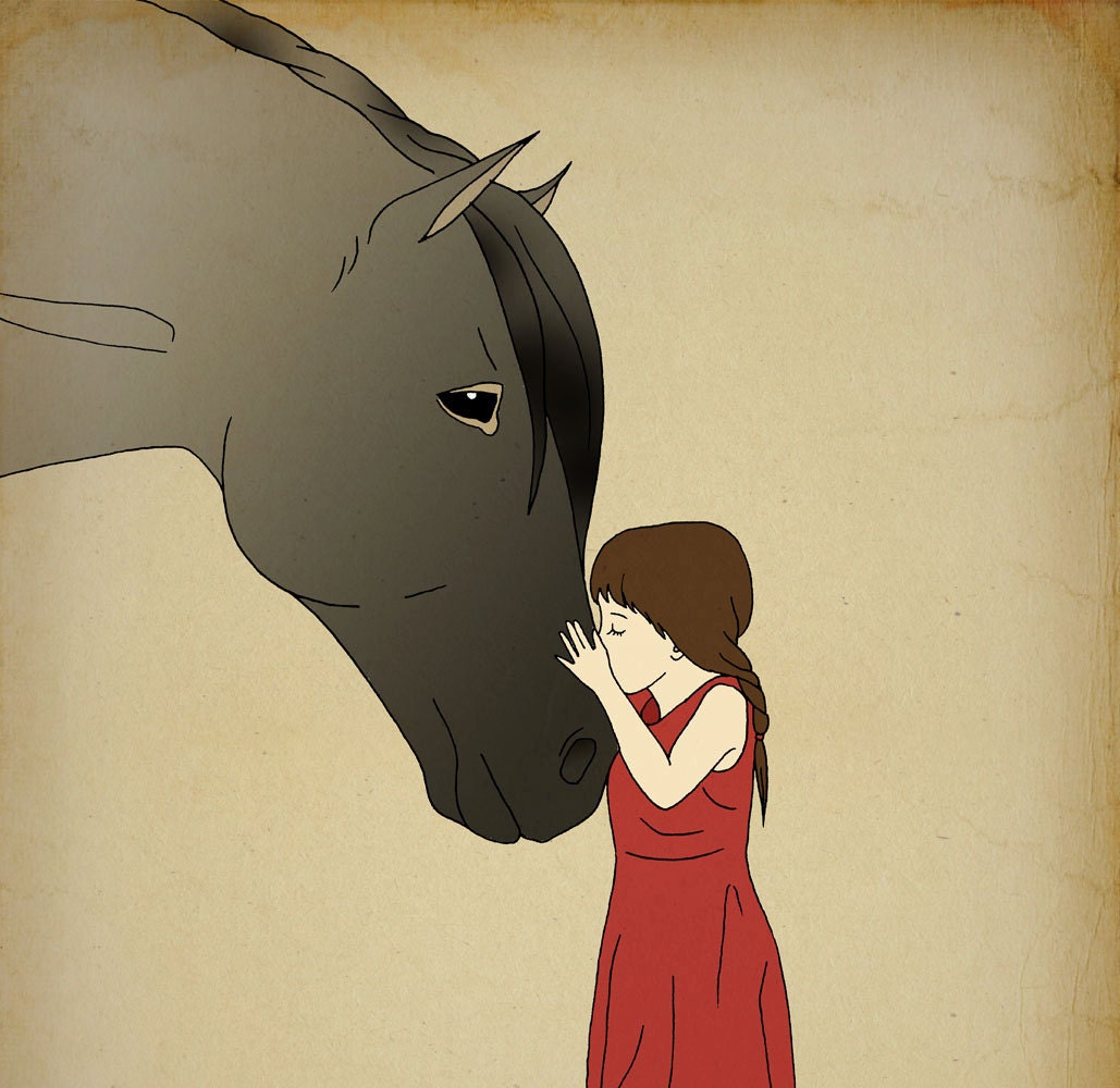 Girl and horse art print poster, nursery wall art, girls room decor 13x19 kids room, children room illustration