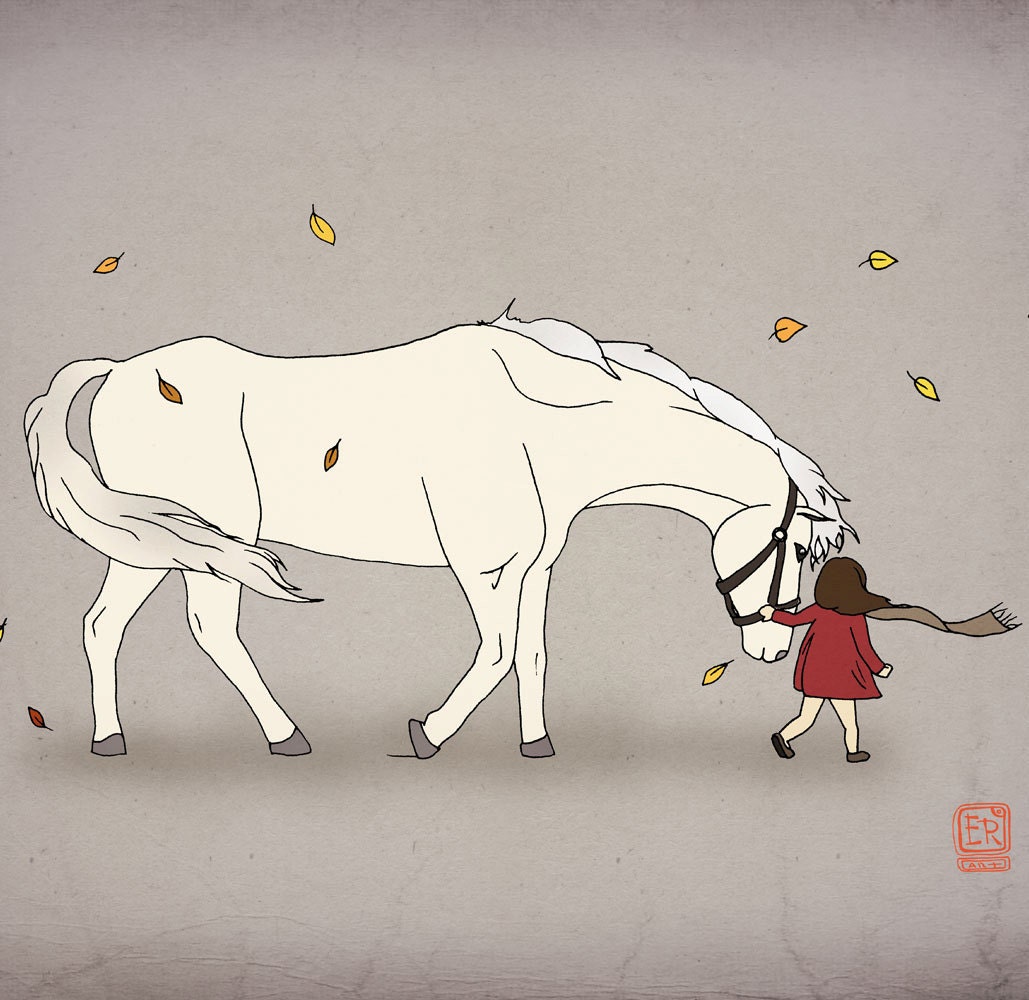 Horse and girl 12x16 nursery illustration wall art