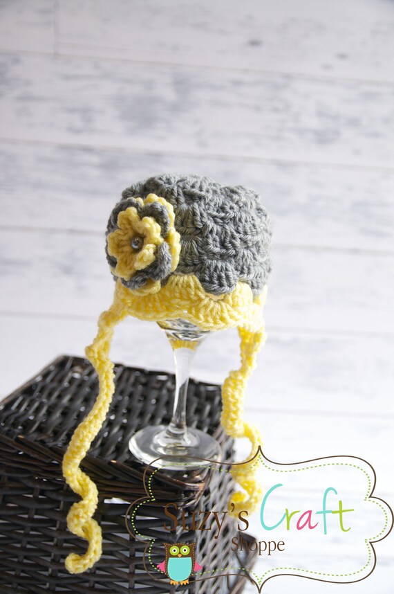 Grey & Yellow Newborn Crochet Scallop Beanie with Earflaps. Newborn Size Ready to Ship