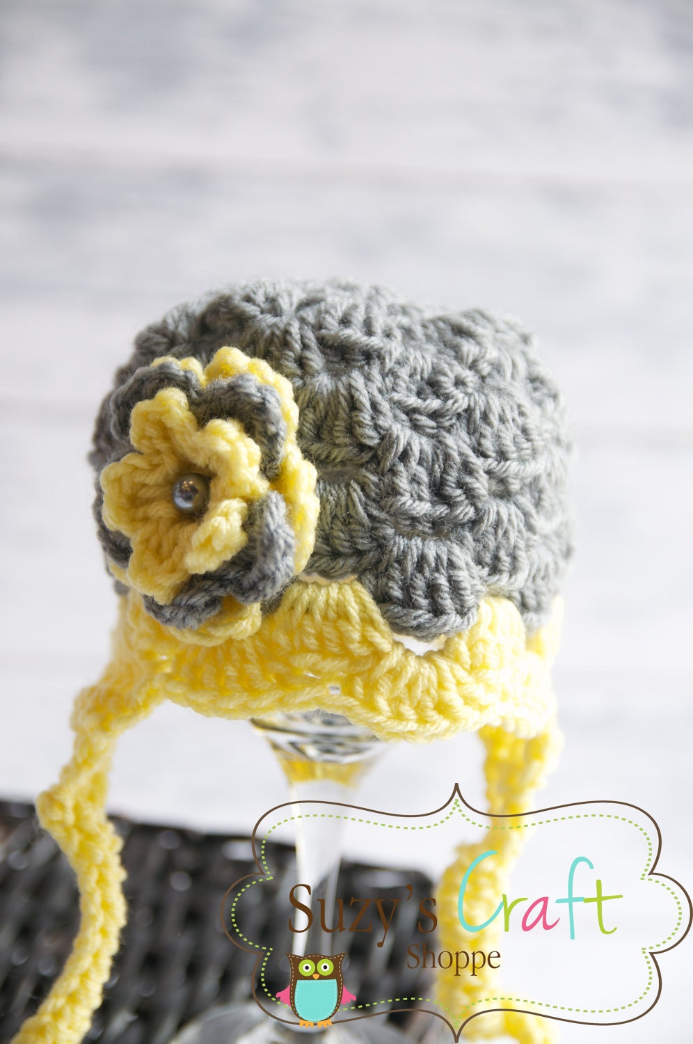 Grey & Yellow Newborn Crochet Scallop Beanie with Earflaps. Newborn Size Ready to Ship