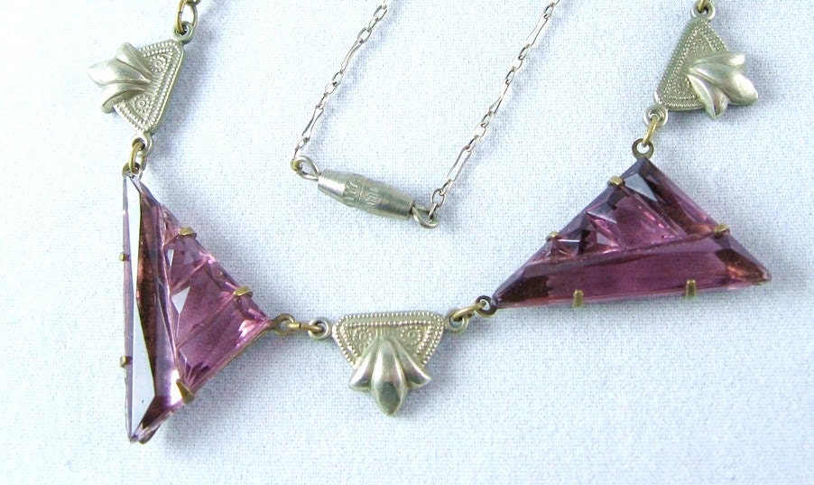 Art Deco Necklace Amethyst Step Glass Geometric Machine Age Vintage 1930s Jewelry