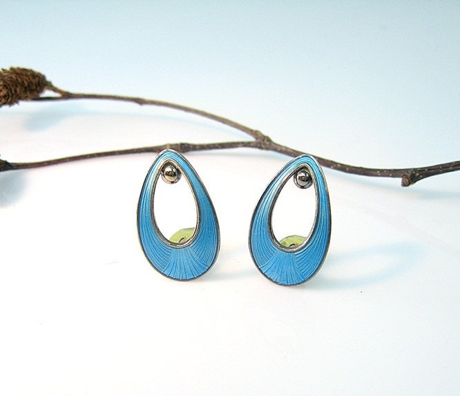 Denmark Blue Enamel Earrings Sterling E. Dragsted Mid Century Modern Turquoise Tear Drop Clips