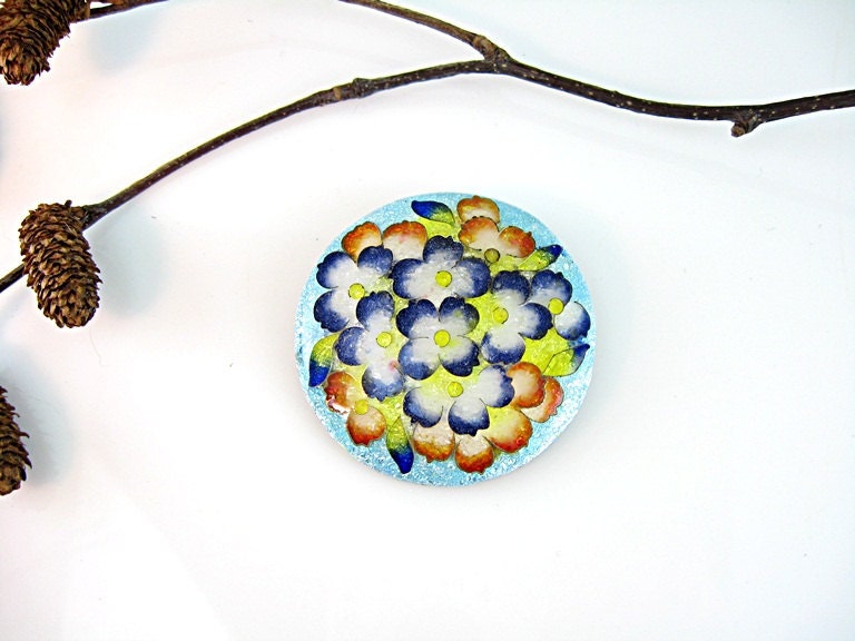 Posy Flower Pin Enameled Copper Turquoise Blue Rust Yellow Vintage 1950s Jewelry