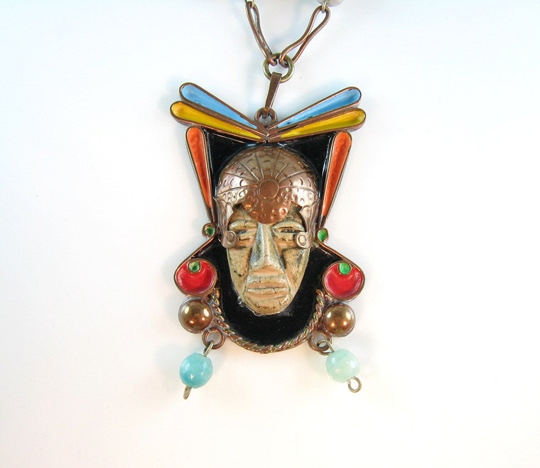 Vintage Mexico Necklace Copper Aztec Mayan King Pendant Colorful Enamel Accents Amazing