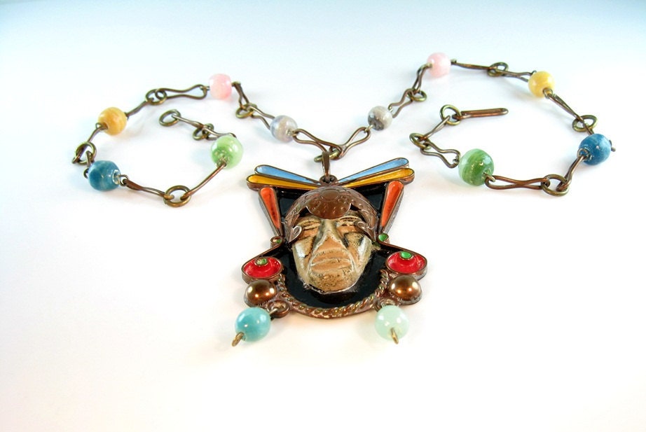 Vintage Mexico Necklace Copper Aztec Mayan King Pendant Colorful Enamel Accents Amazing